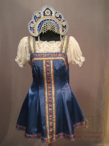 Русский сарафан синий, шелк